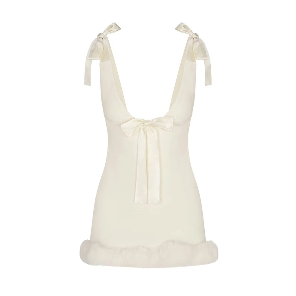 Satin Bow Strap Fur Trim Mini Dress [1A4RV60C]