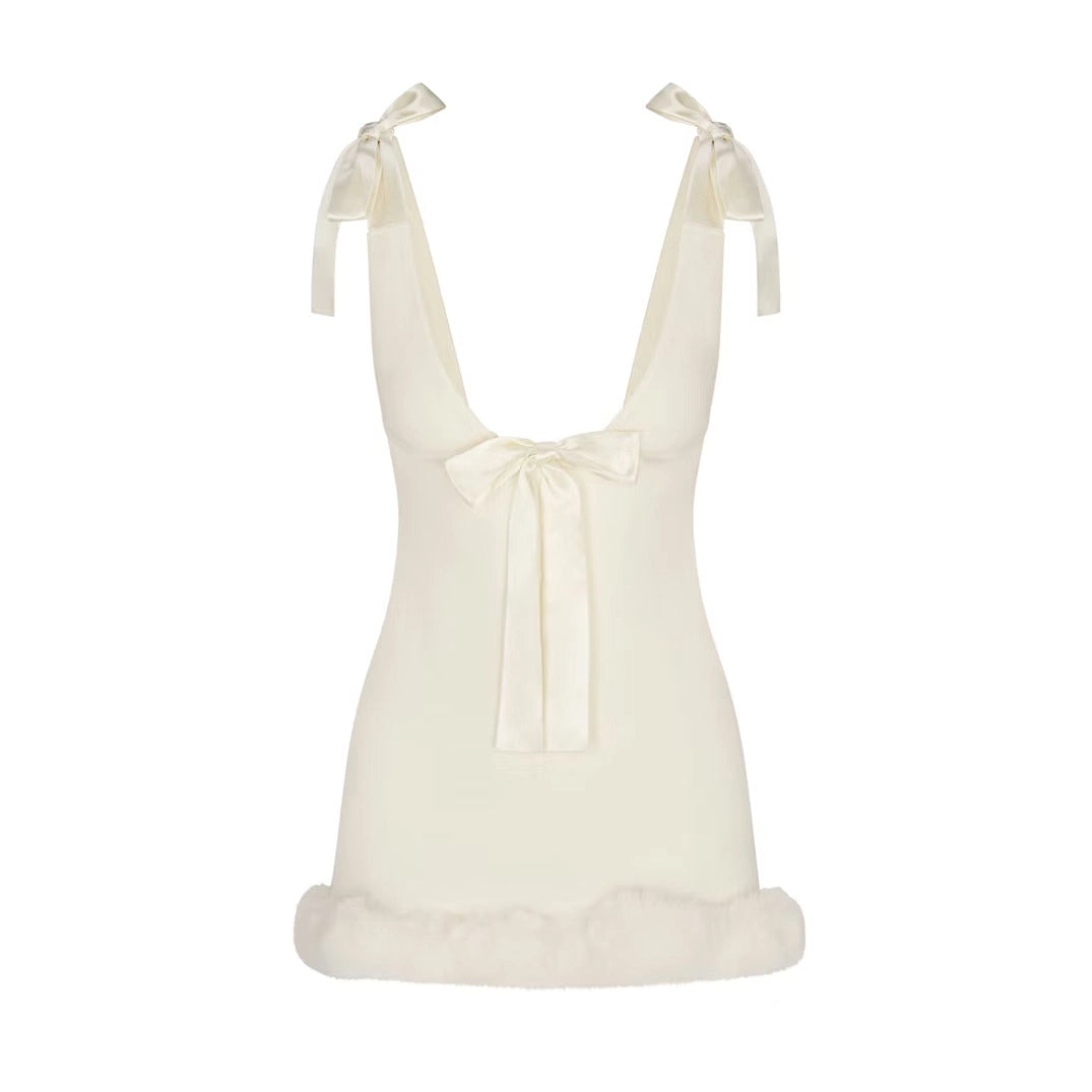 Satin Bow Strap Fur Trim Mini Dress [1A4RV60C]