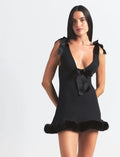 Satin Bow Strap Fur Trim Mini Dress [P3FG2FC7]