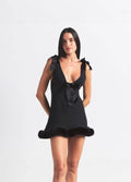 Satin Bow Strap Fur Trim Mini Dress [JQ4N759B]