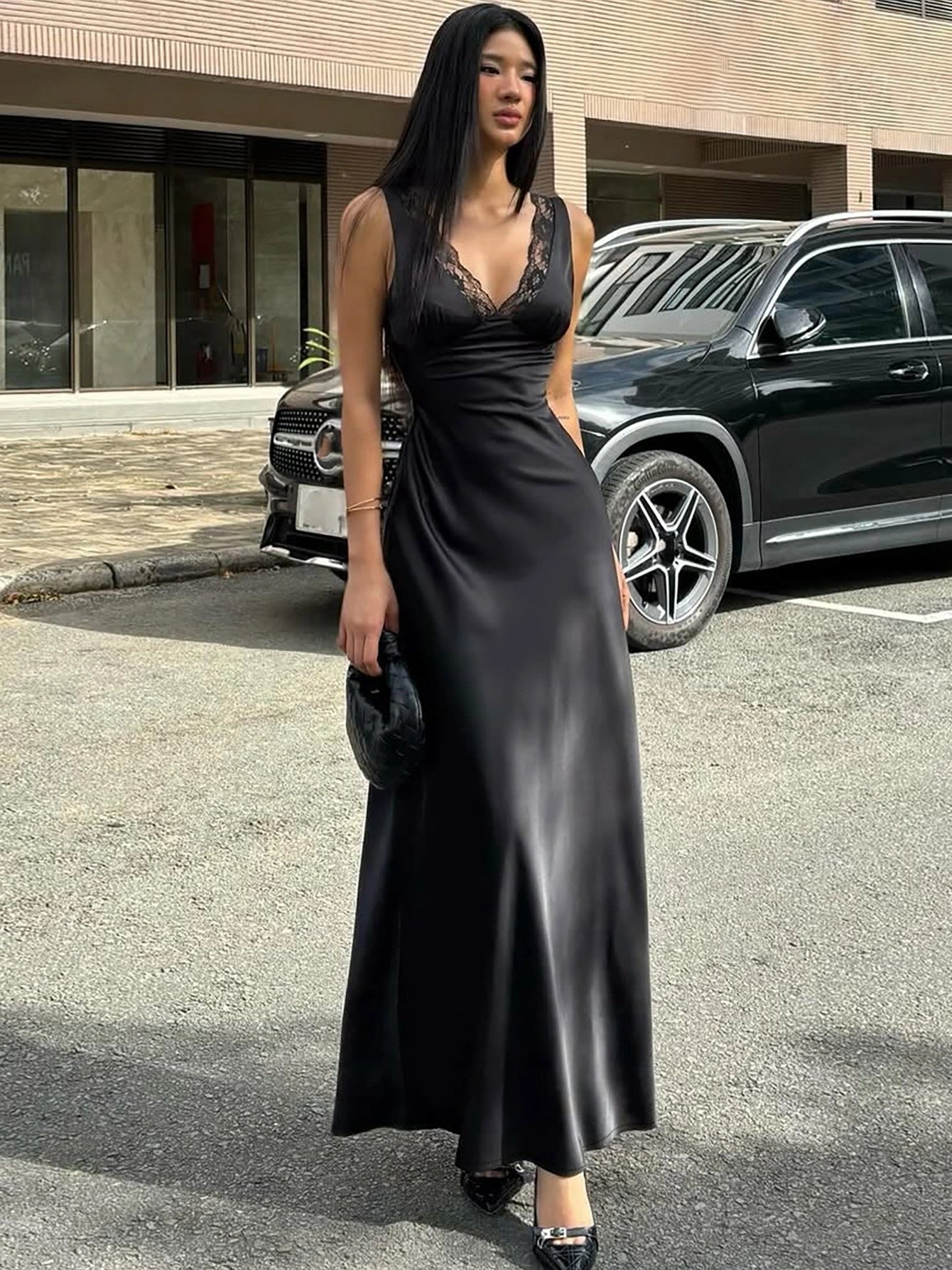 Satin Lace Spliced Maxi Dress [CZVFZHNE]
