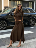 LaPose - Shai Asymmetric Ruched Skirt Set - Coffee Brown Color
