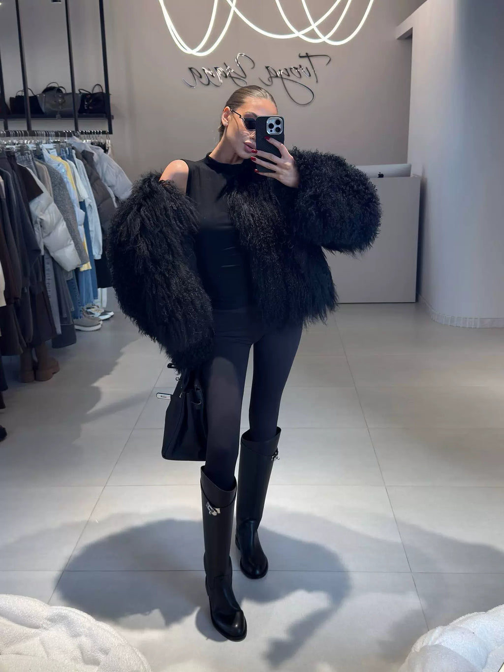 LaPose - Shaina Shaggy Faux Fur Jacket - Black Color