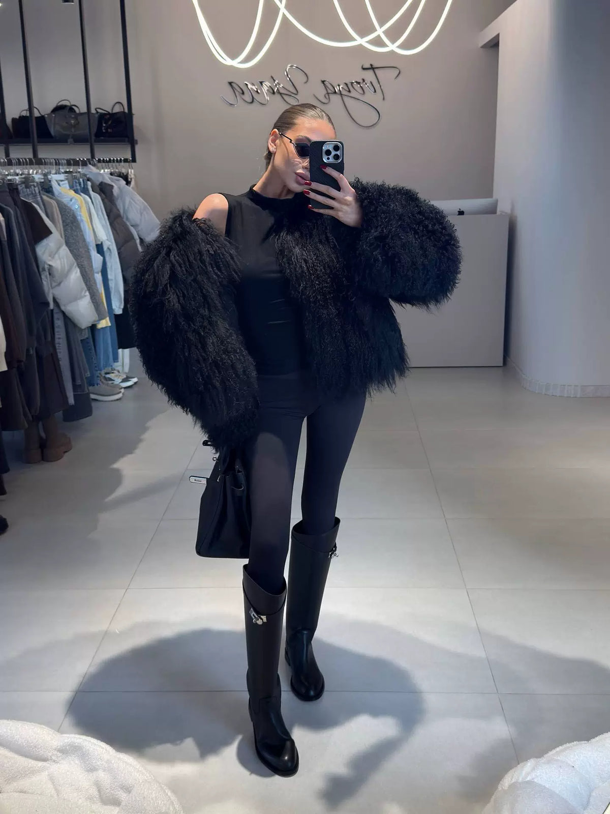 LaPose - Shaina Shaggy Faux Fur Jacket - Black Color