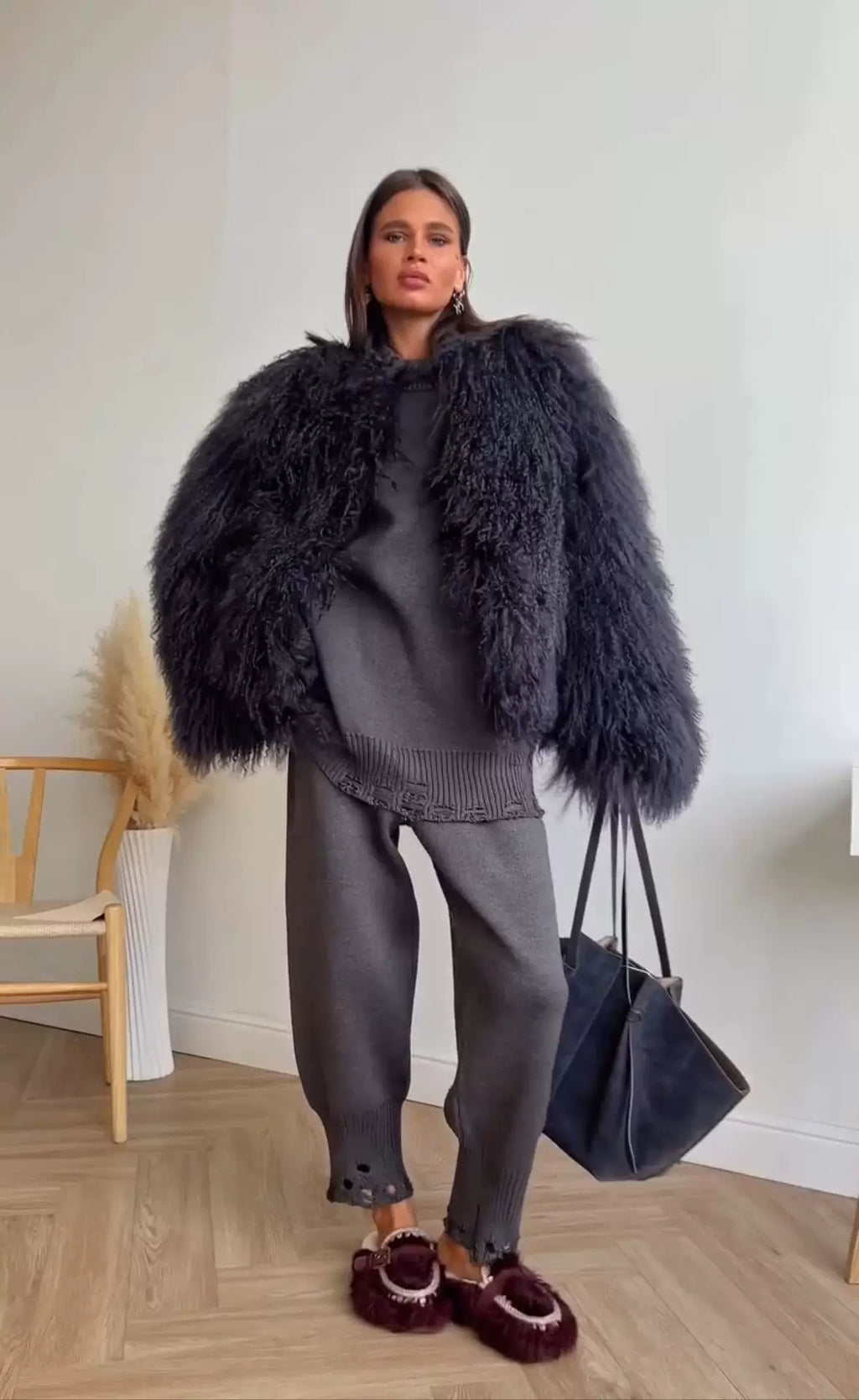 LaPose - Shaina Shaggy Faux Fur Jacket - Dark Grey Color
