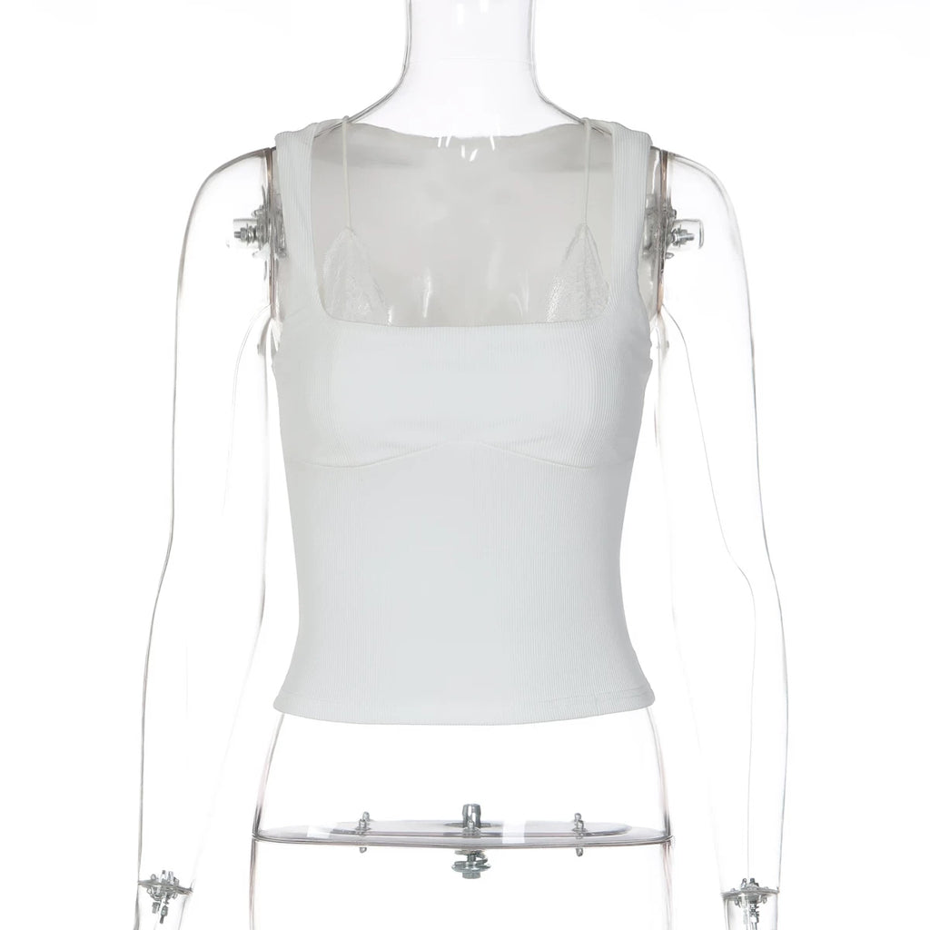 Shamiyah Lace Trim Ribbed Tank - White Color