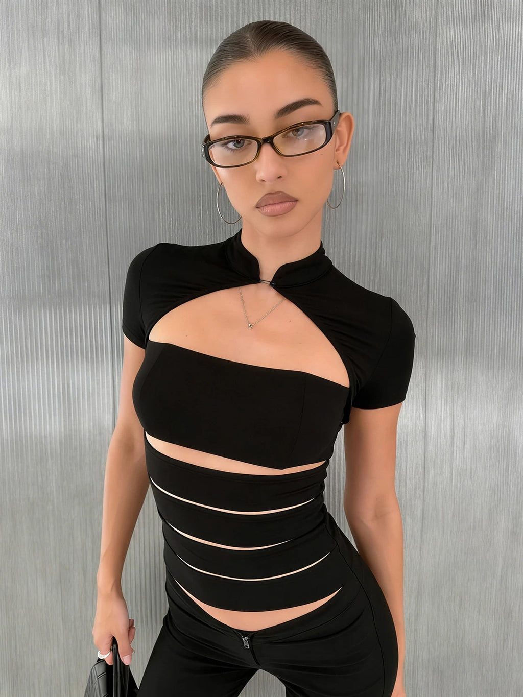 LaPose - Shauna Cutout Mandarin Collar Top