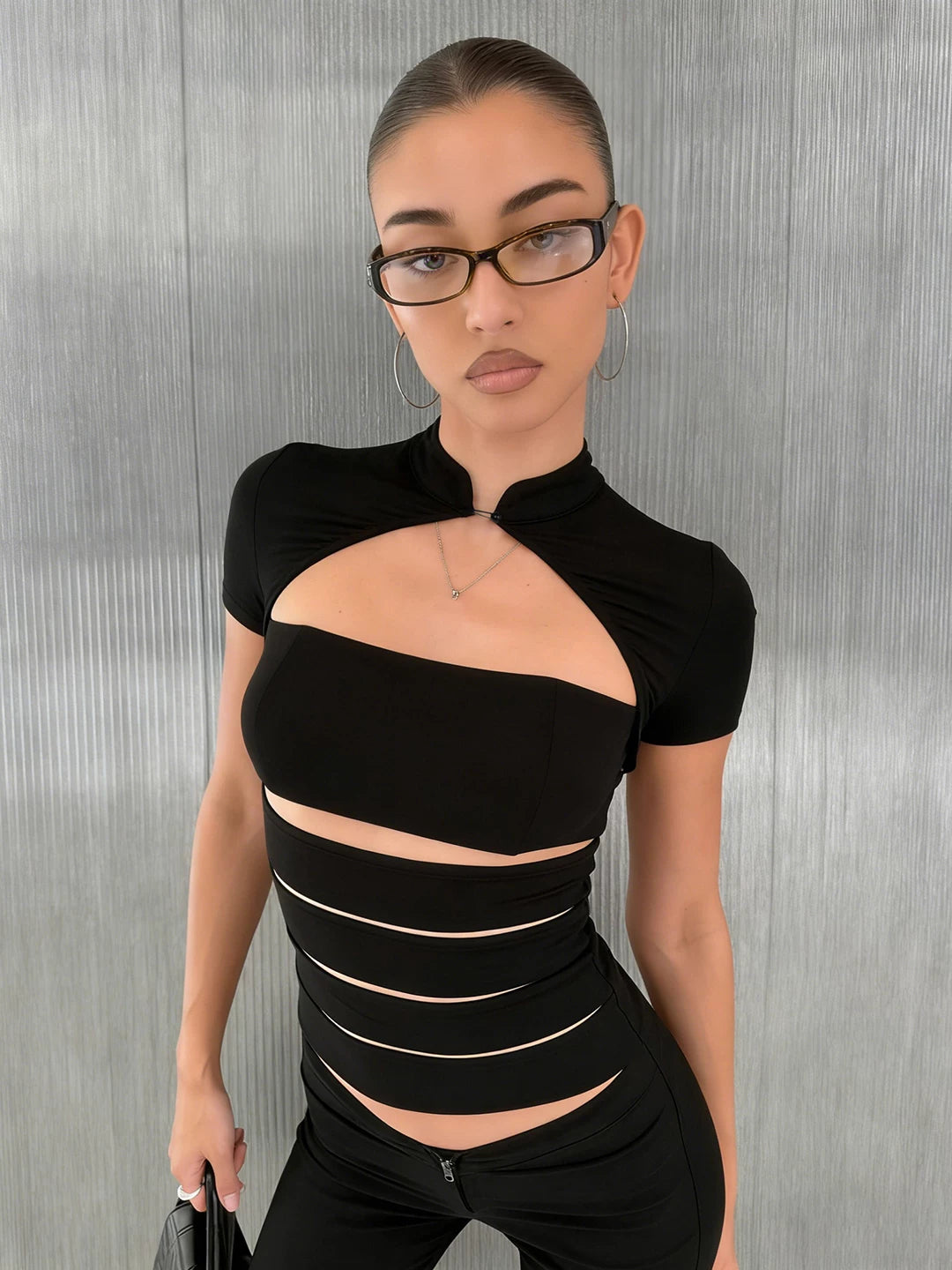LaPose - Shauna Cutout Mandarin Collar Top