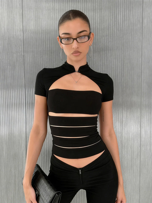 LaPose - Shauna Cutout Mandarin Collar Top