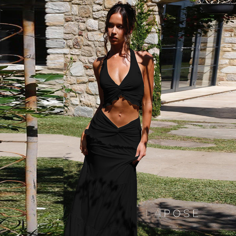 Shawna Twisted Halter Maxi Skirt Set [4H63481U]
