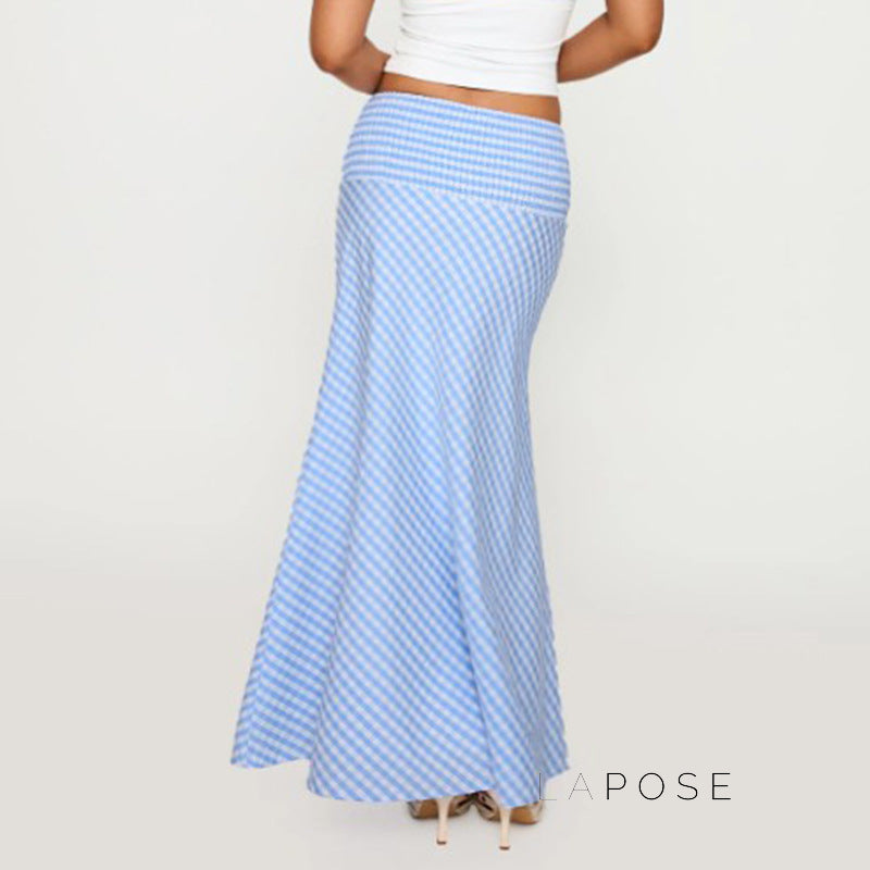Sky Plaid Fishtail Maxi Skirt [07W4DU4T]