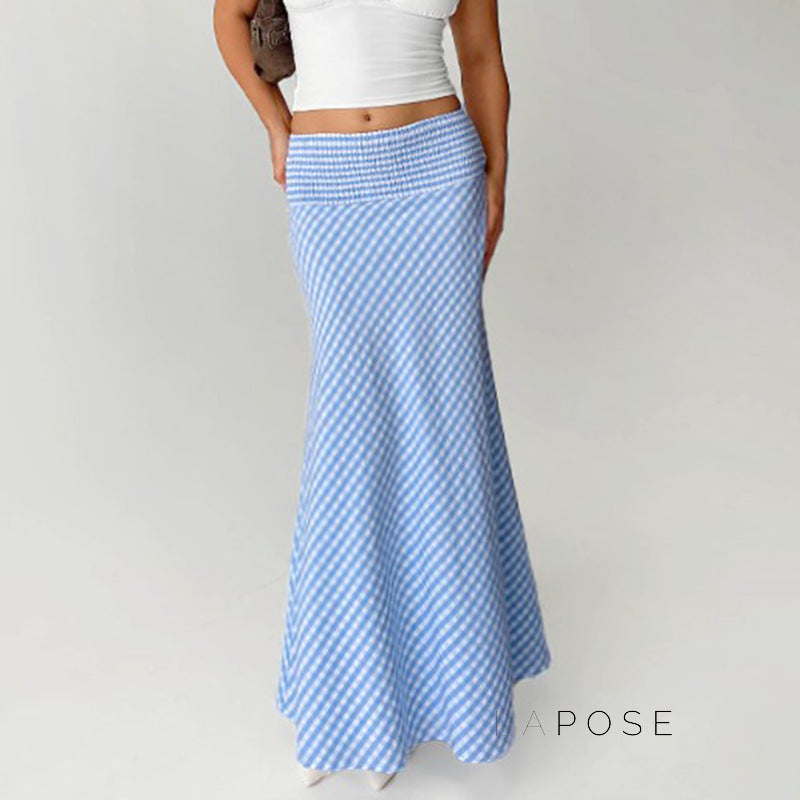 Sky Plaid Fishtail Maxi Skirt [55P0P5UR]