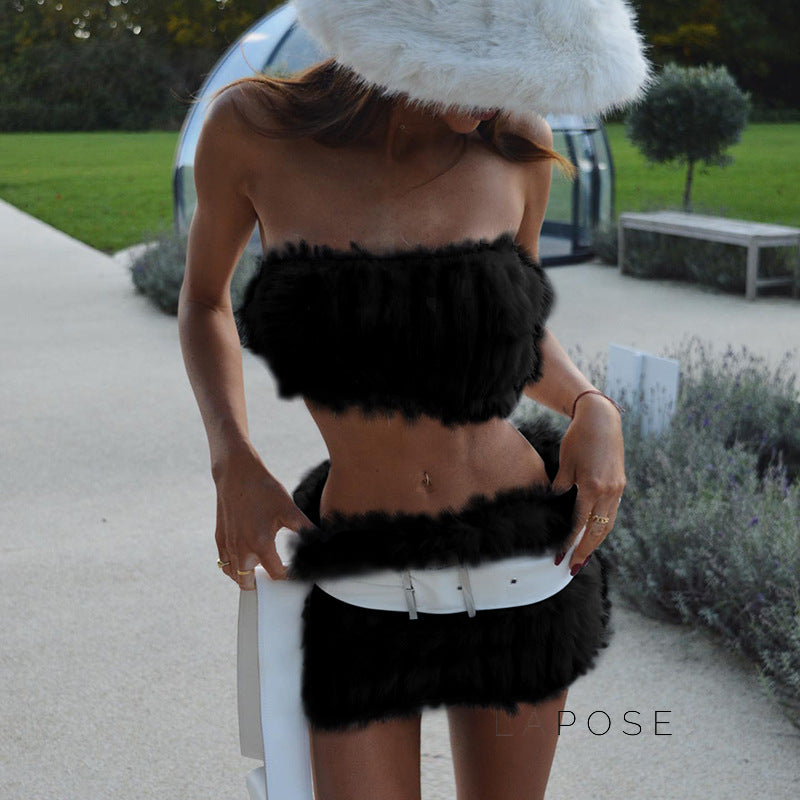 Skylah Furry Strapless Mini Skirt Set [F7FVFG2O]