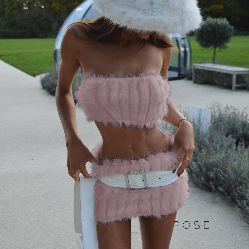 Skylah Furry Strapless Mini Skirt Set [Y6QSMQYR]