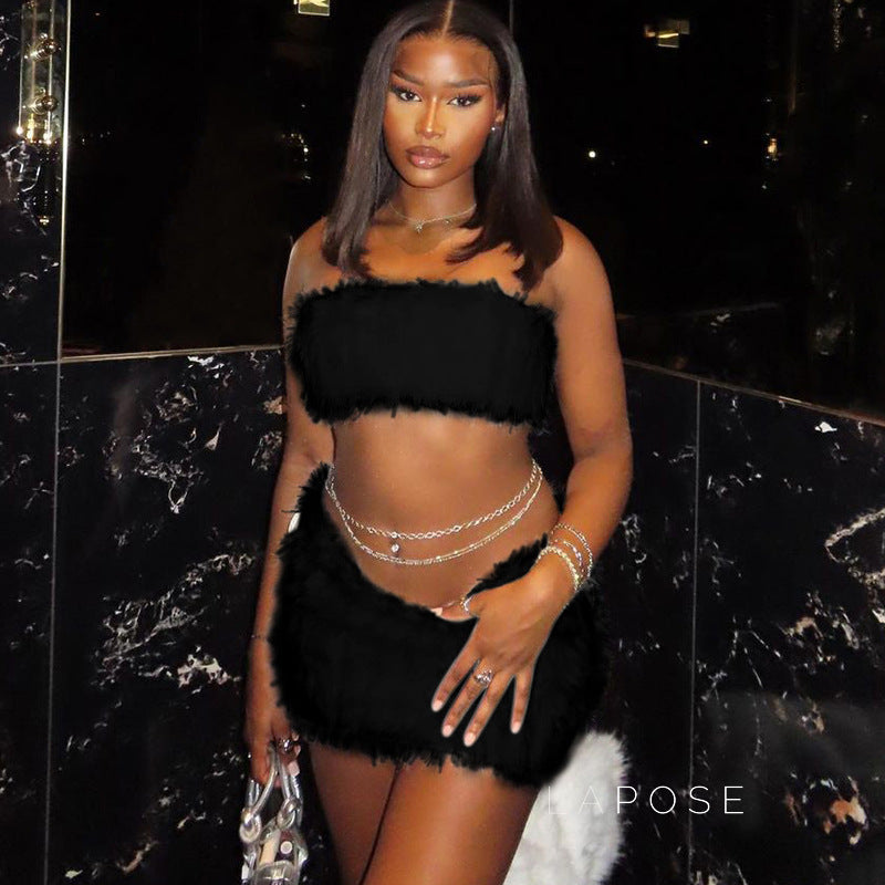 Skylah Furry Strapless Mini Skirt Set [8SWZBNID]