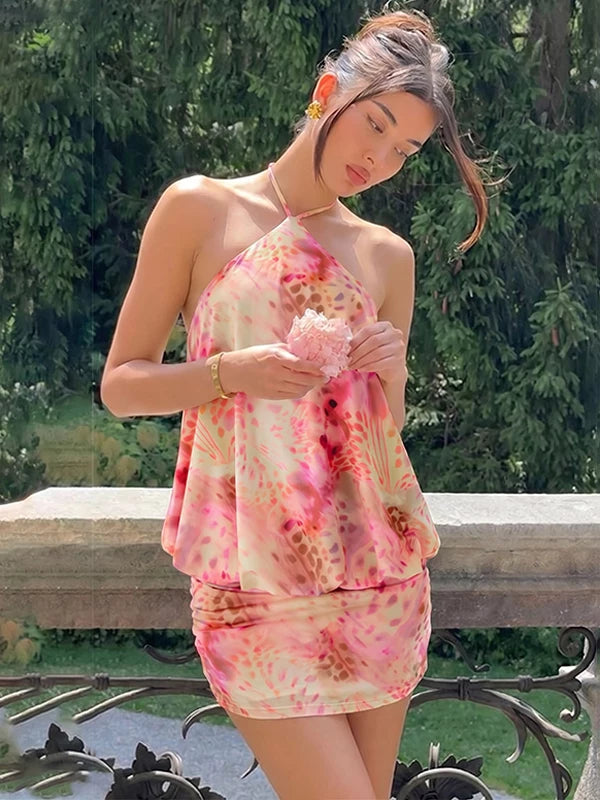 LaPose - Sofi Floral Halter Mini Dress - Pink Color