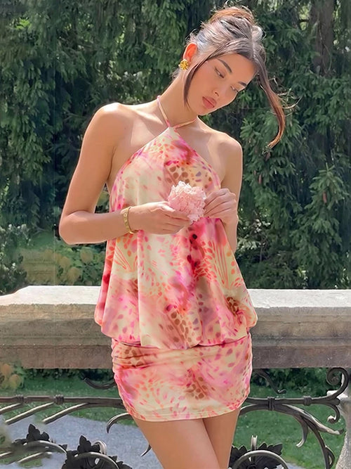 LaPose - Sofi Floral Halter Mini Dress - Pink Color