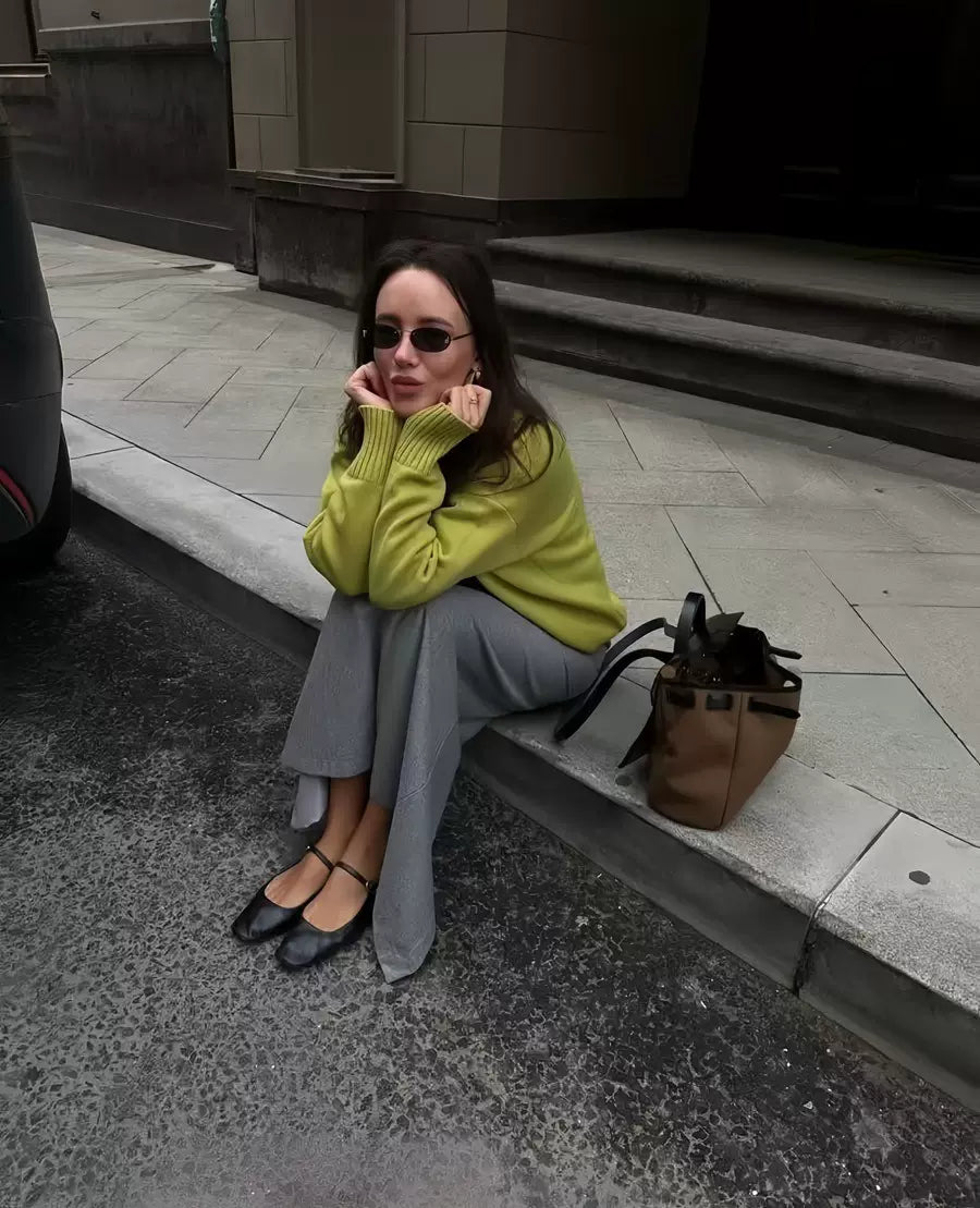 LaPose - Sofi Oversized Crewneck Knit Sweater - Green Color