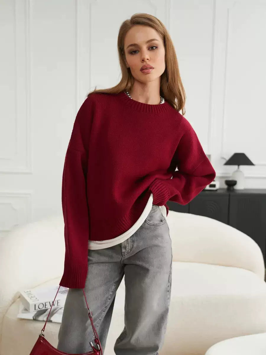 LaPose - Sofi Oversized Crewneck Knit Sweater - Wine Red Color