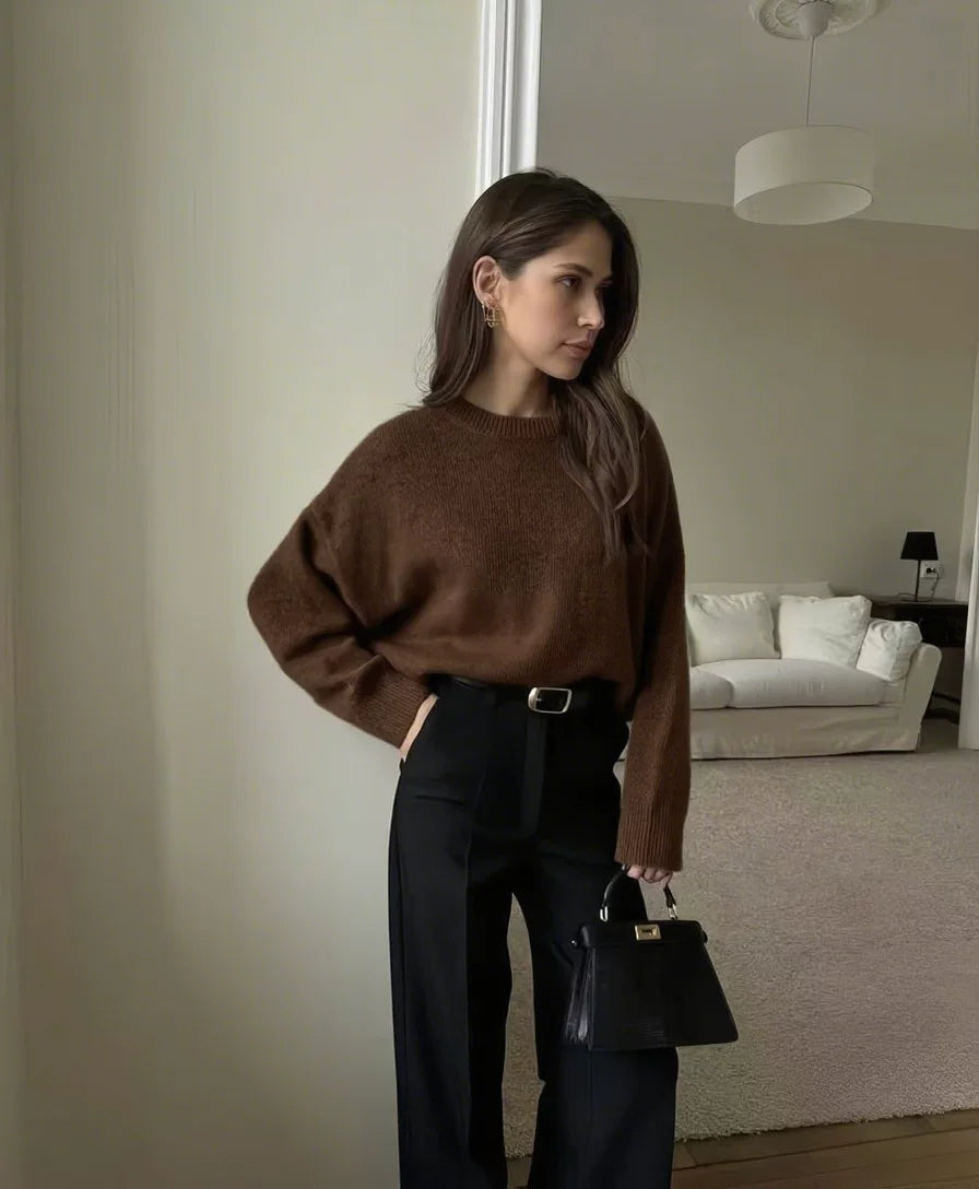 LaPose - Sofi Oversized Crewneck Knit Sweater - Coffee Color