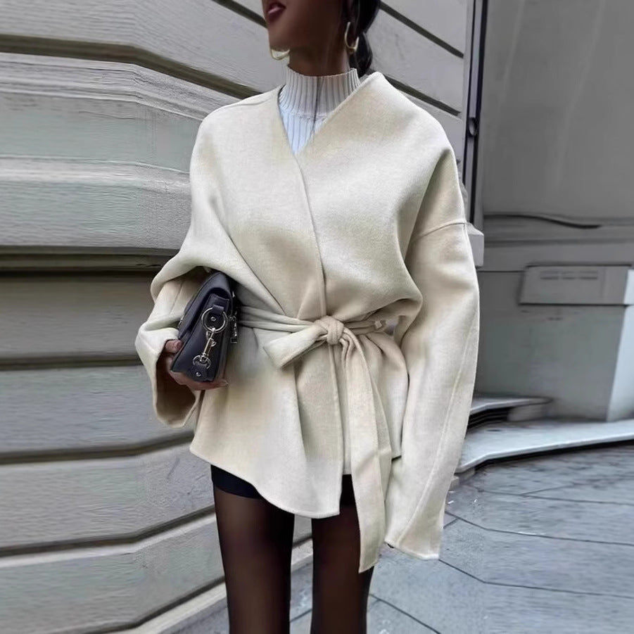 Stefanie V-Neck Wool Wrap Coat [KKXOB3VJ]