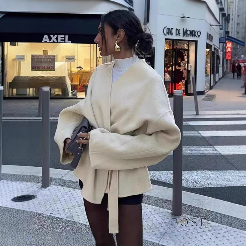 Stefanie V-Neck Wool Wrap Coat [PGCN5X3F]