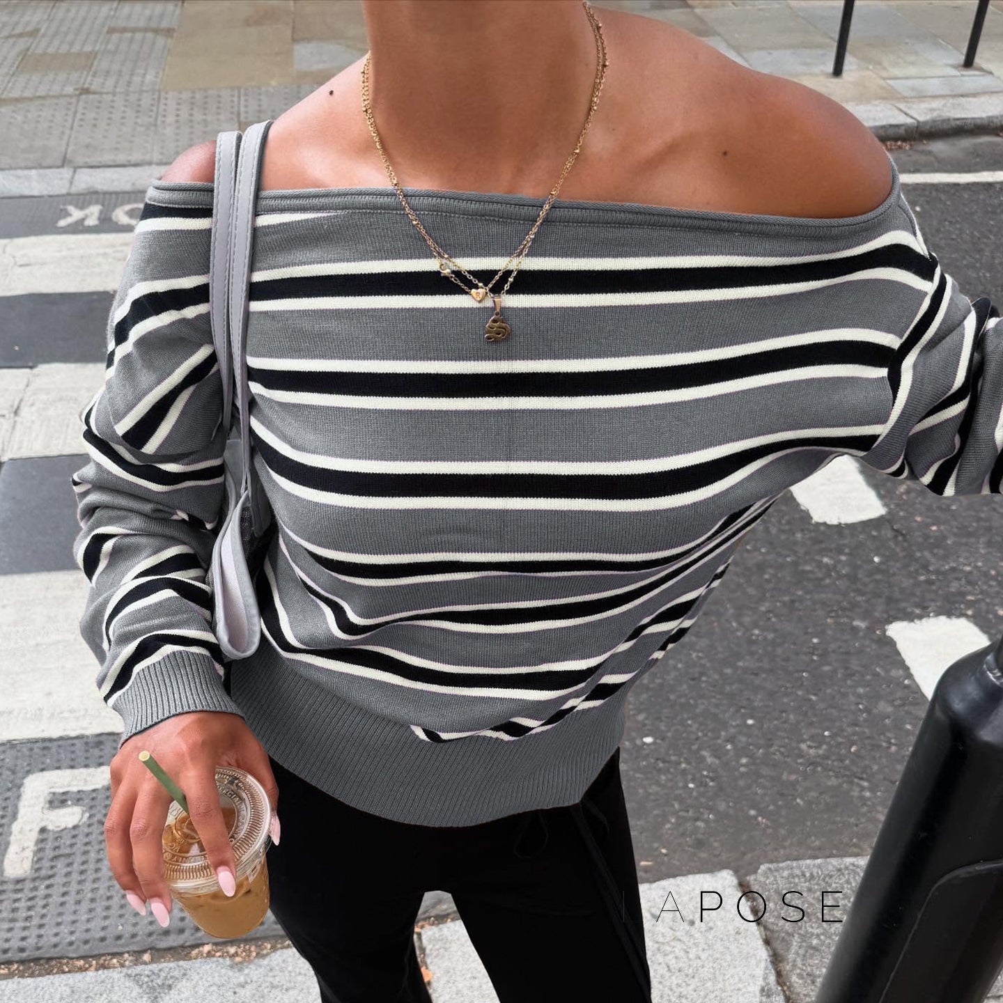 Stormy Striped Off Shoulder Knit Top [58EY23VX]