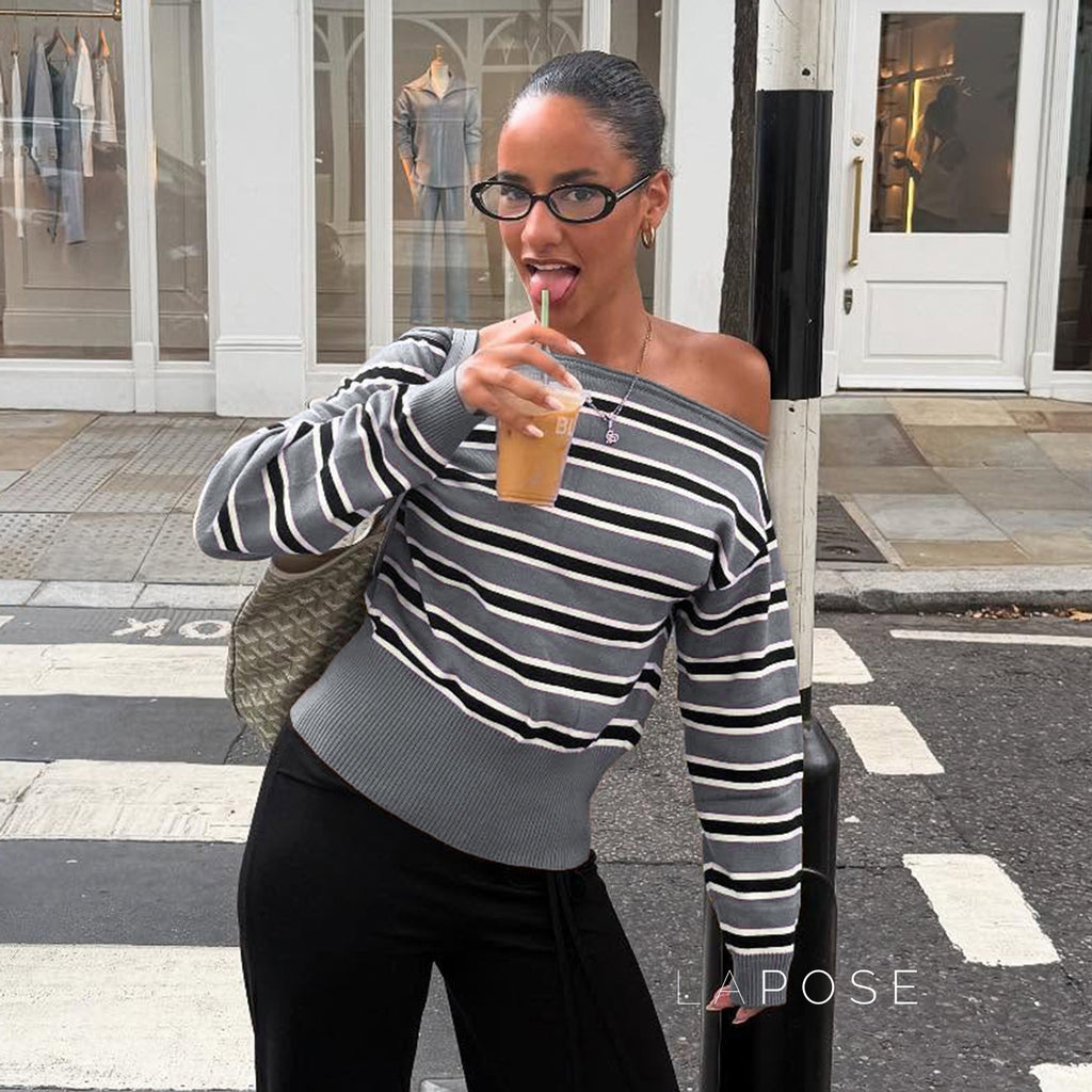 Stormy Striped Off Shoulder Knit Top [BEAHQKRK]