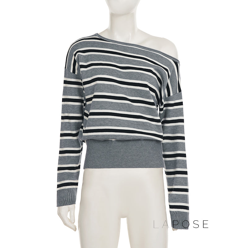Stormy Striped Off Shoulder Knit Top [X4IO01N3]