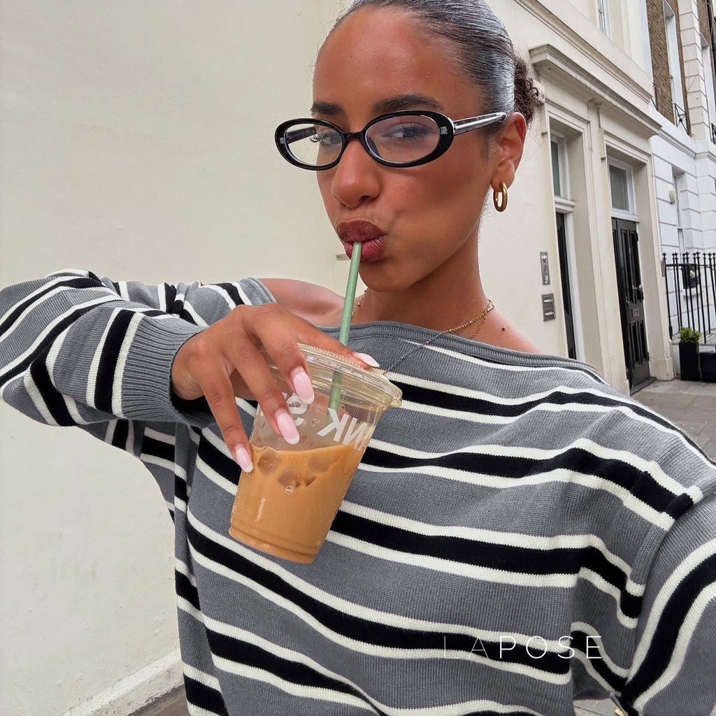 Stormy Striped Off Shoulder Knit Top [HOE0DKNS]