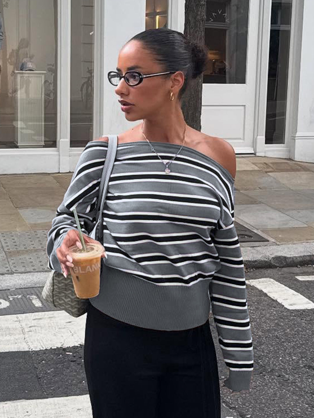 Stormy Striped Off Shoulder Knit Top [YP6BAT60]