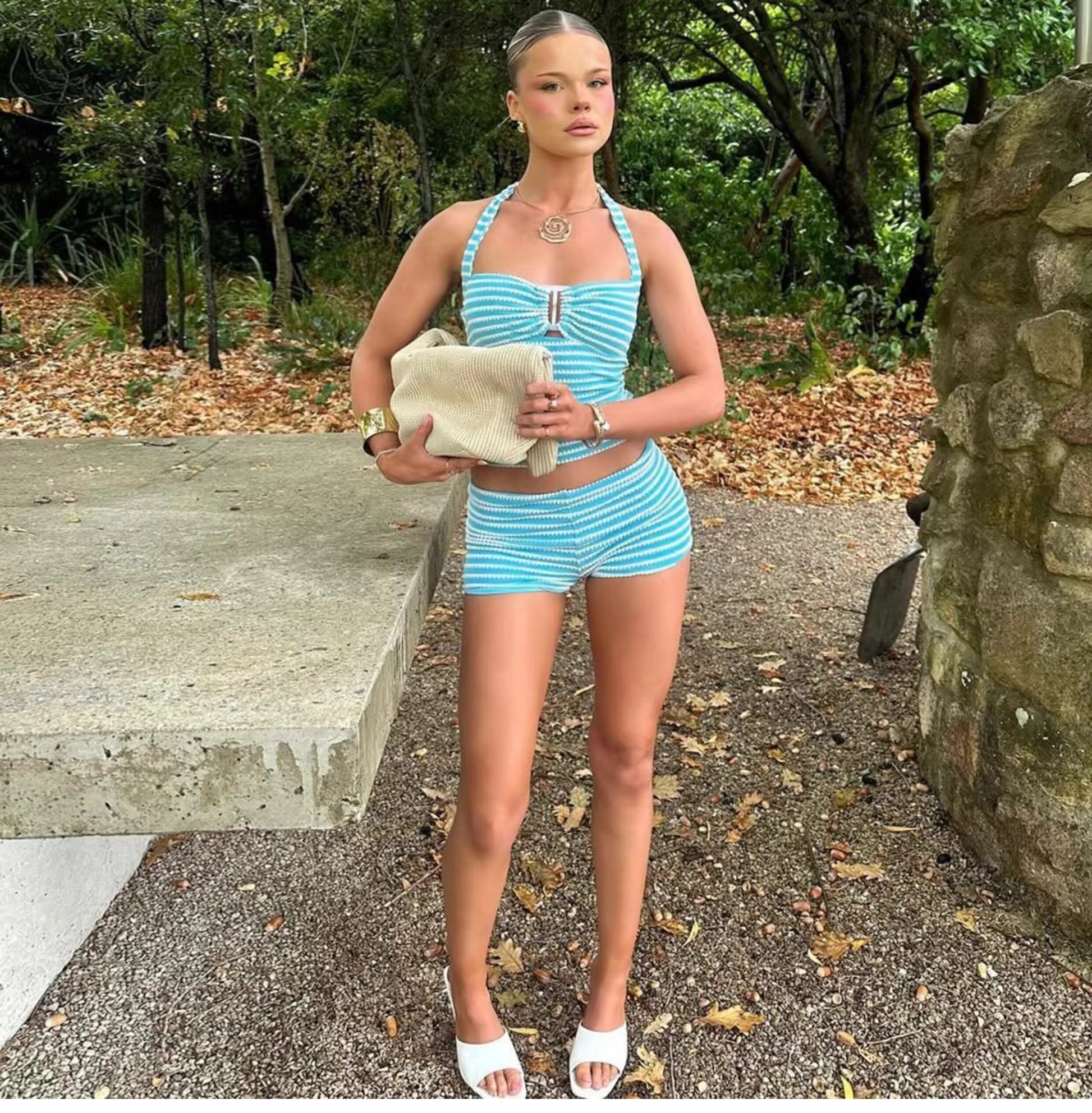 Striped Knit Halter Short Set [CMKMTLJP]