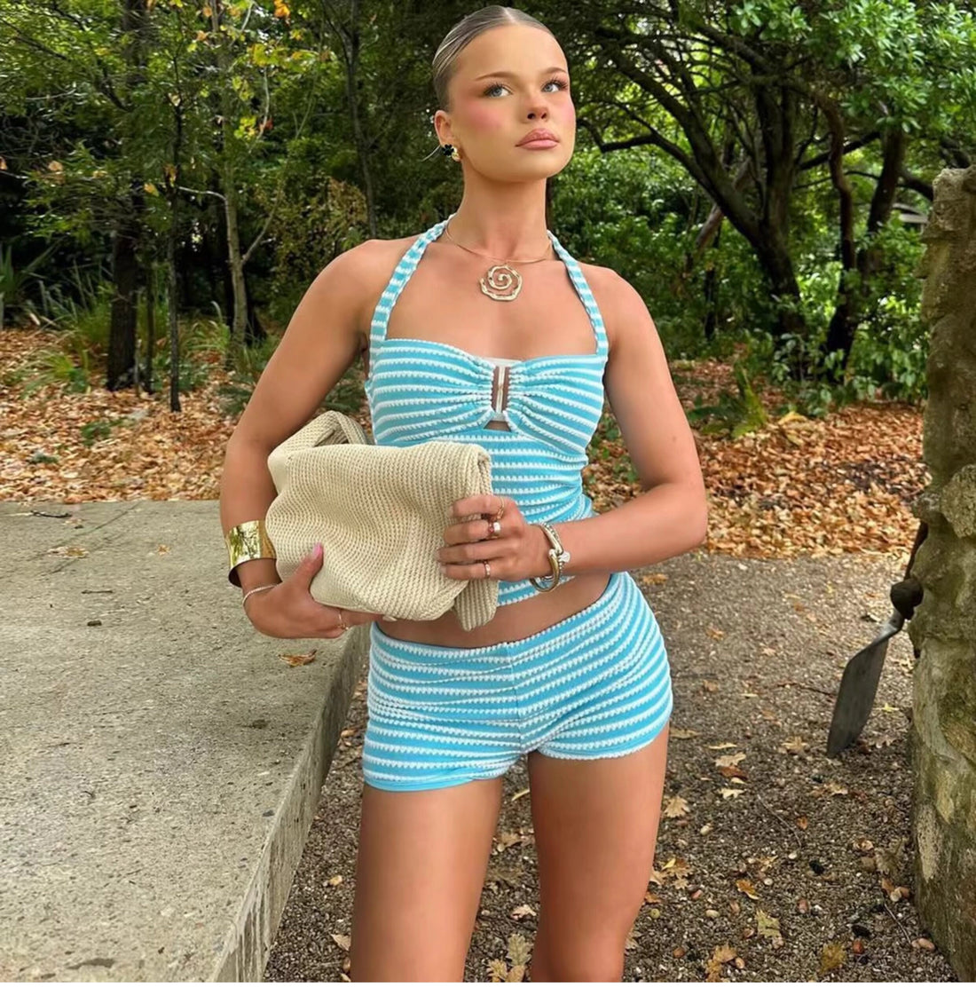 Striped Knit Halter Short Set [PR6CWBQ4]