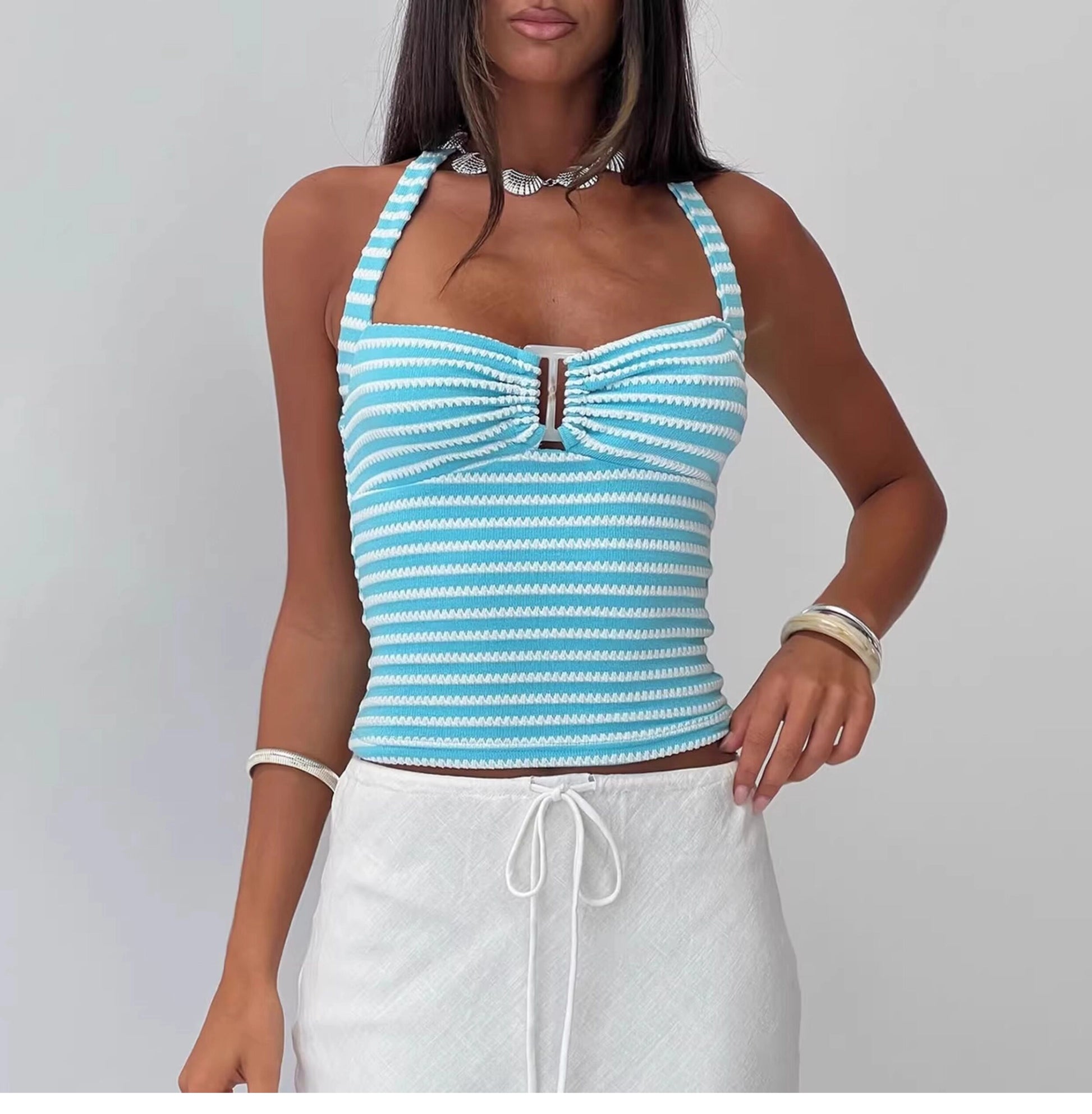 Striped Knit Halter Short Set [GXRVQRV7]