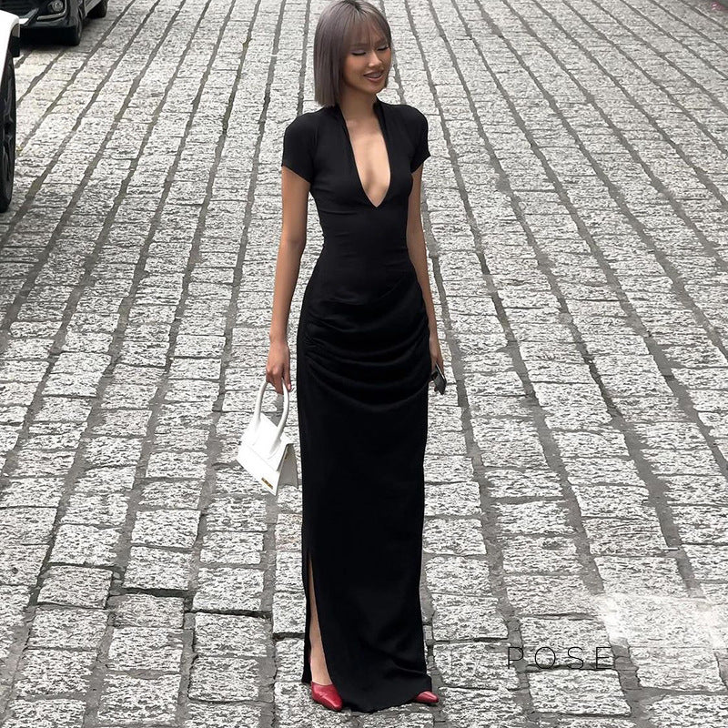 Susanna Deep V Ruched Maxi Dress [N4K93J1C]