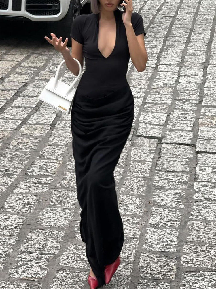Susanna Deep V Ruched Maxi Dress [AVCFI27Y]