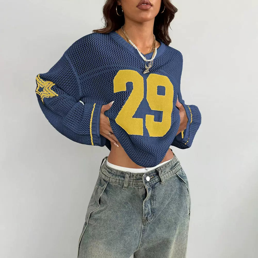 LaPose - Susannah Sporty Mesh Graphic Sweater - Yellow & Blue Color