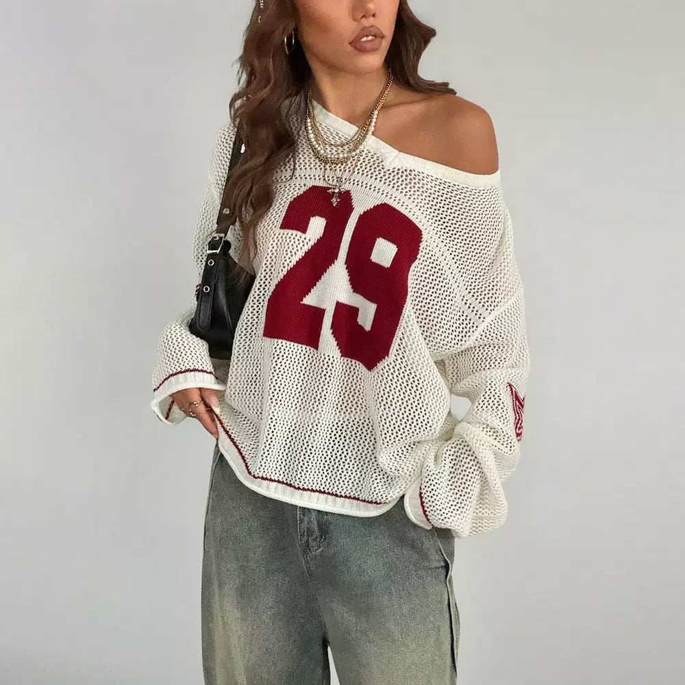 LaPose - Susannah Sporty Mesh Graphic Sweater - Red & White Color