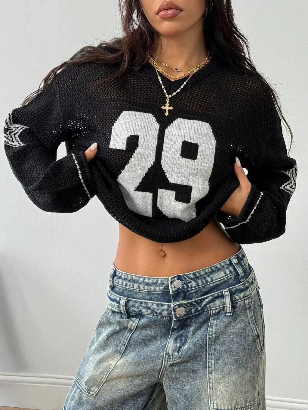 LaPose - Susannah Sporty Mesh Graphic Sweater - Black Color