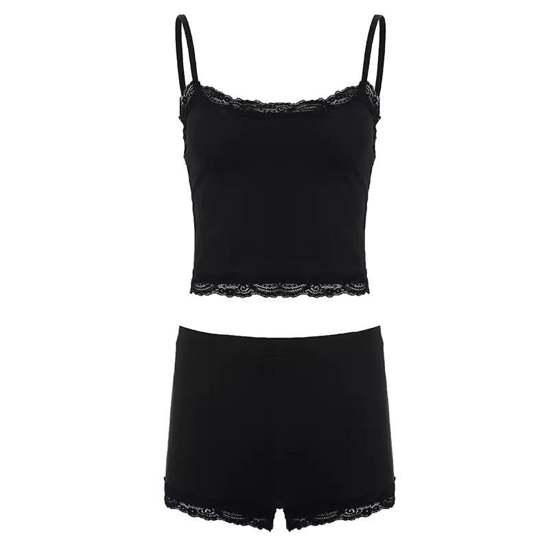 LaPose - Suzanne Lace Trim Cami Set - Black Color