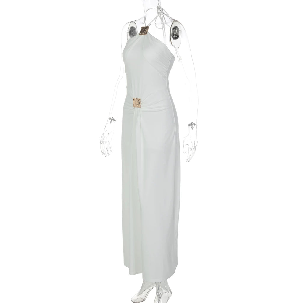 Taylen Halter Metal Ruched Maxi Dress