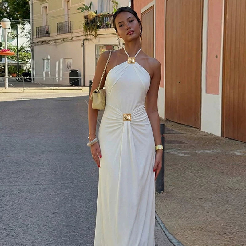Taylen Halter Metal Ruched Maxi Dress