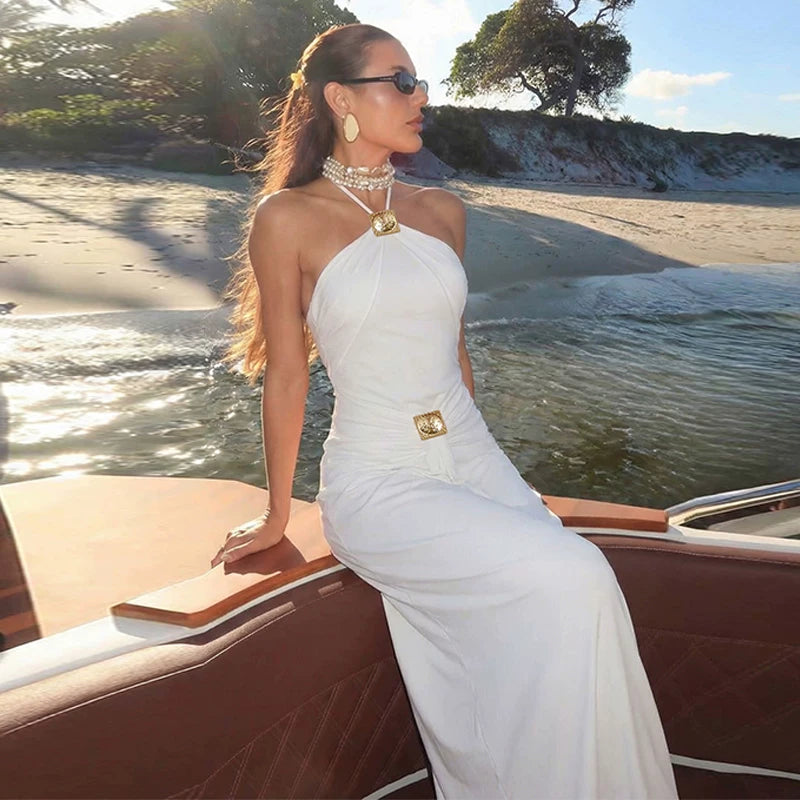 Taylen Halter Metal Ruched Maxi Dress