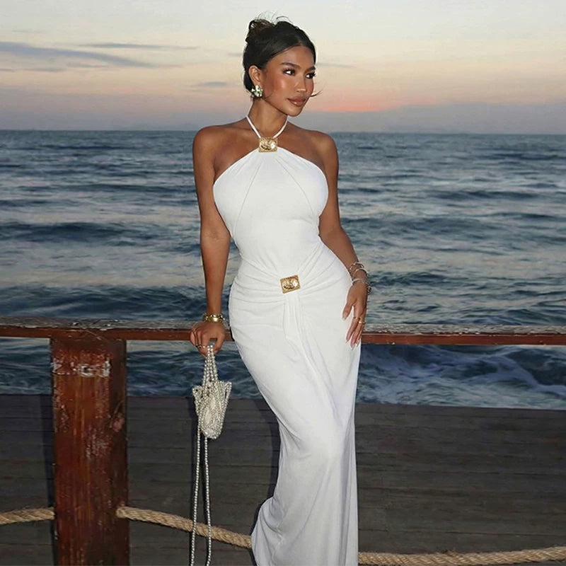 Taylen Halter Metal Ruched Maxi Dress