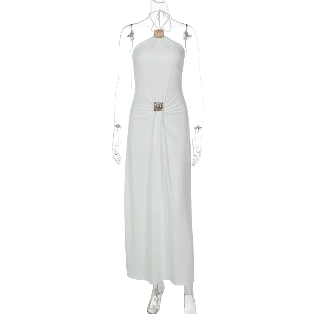 Taylen Halter Metal Ruched Maxi Dress - White Color