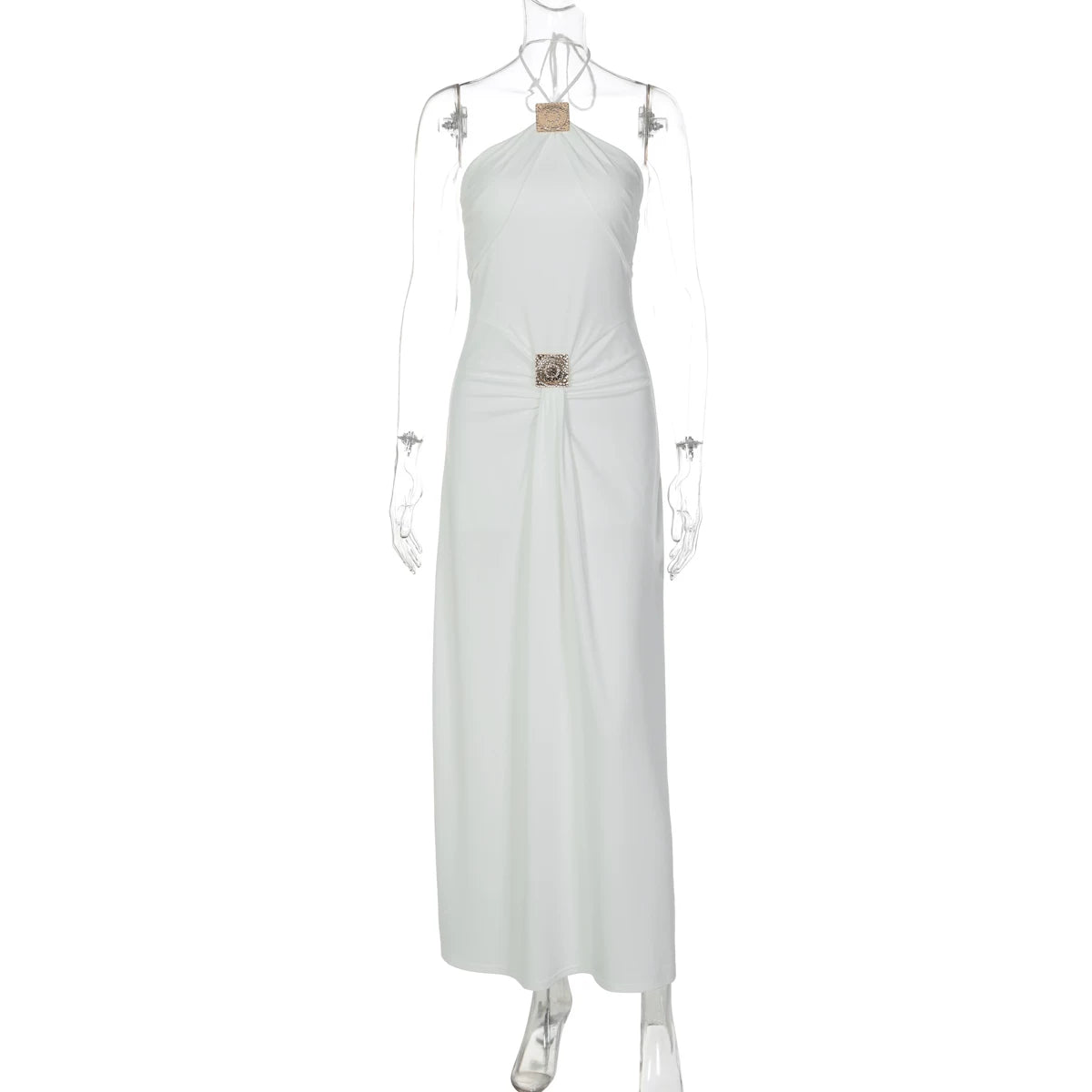 Taylen Halter Metal Ruched Maxi Dress - White Color