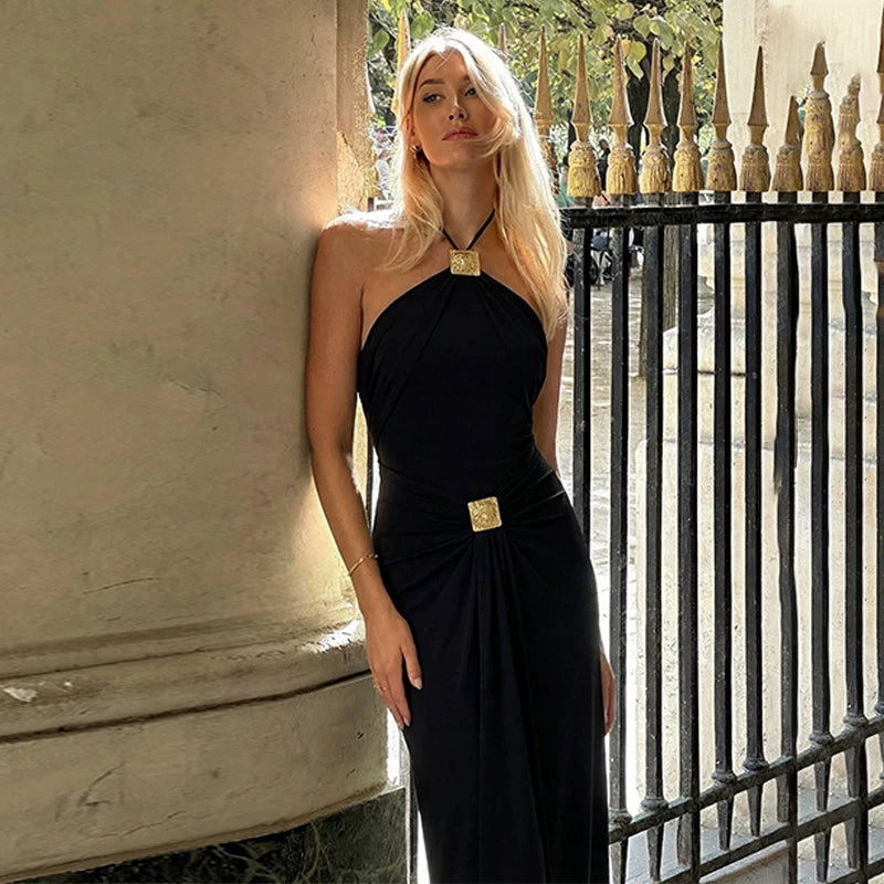Taylen Halter Metal Ruched Maxi Dress