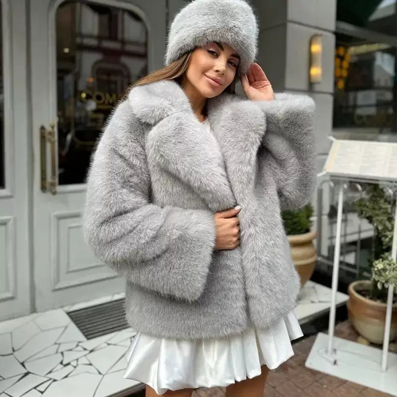 LaPose - Thora Plush Faux Fur Jacket - Grey Color