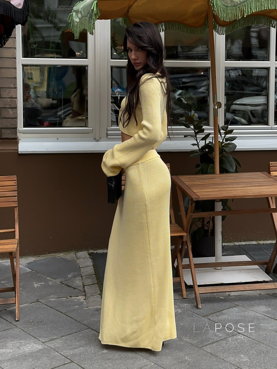 Timber Lace-Up Bell-Sleeve Skirt Set [H0CAS3OS]