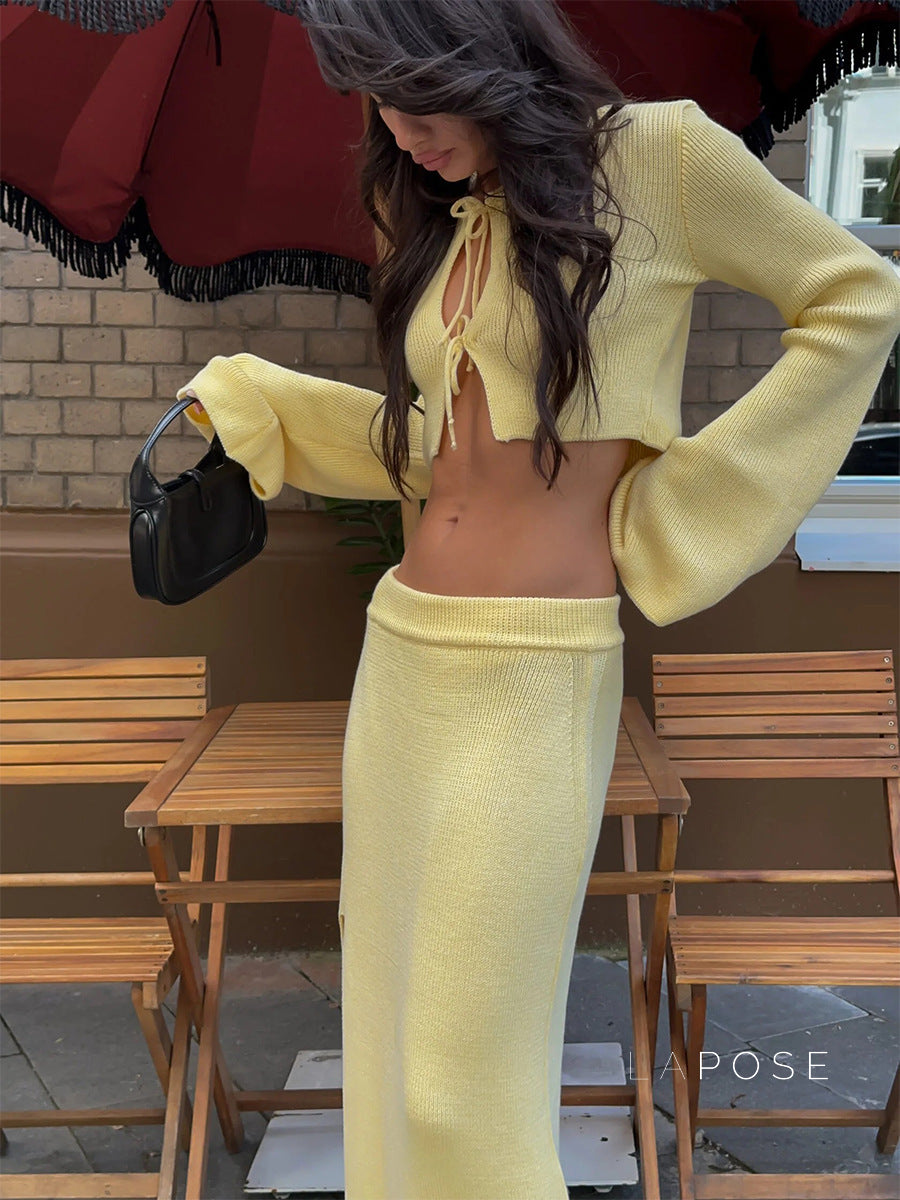Timber Lace-Up Bell-Sleeve Skirt Set [AN1NBE4C]